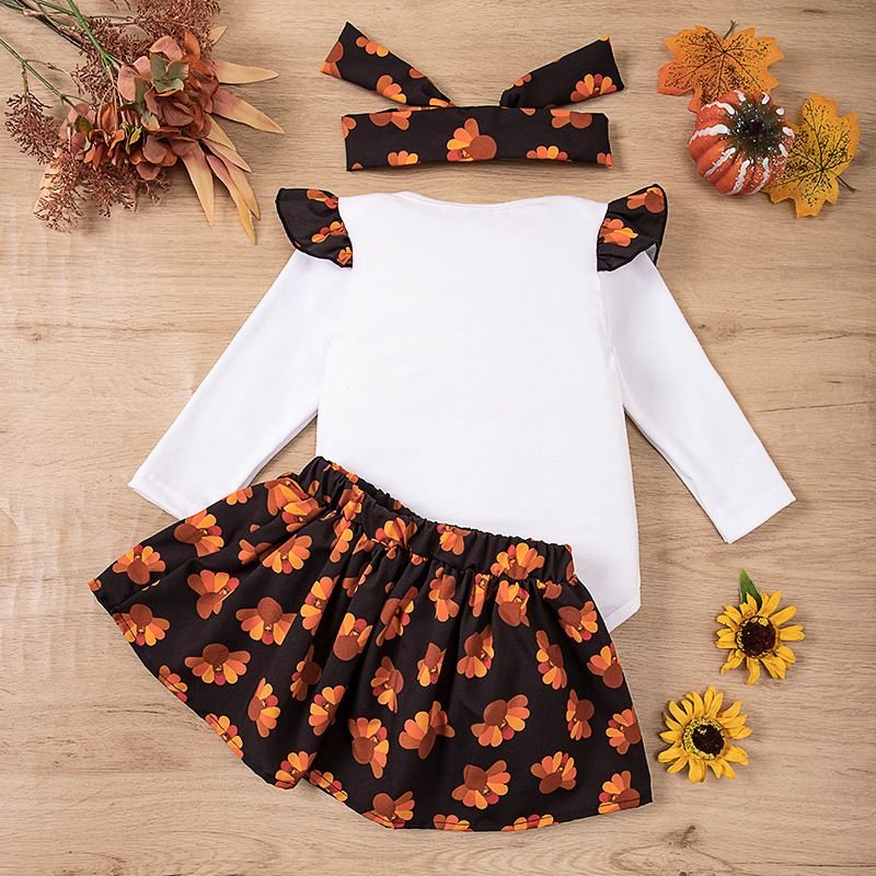 Kids Baby Girls Casual Cute Thanksgiving Turkey Alphabet Print Long Sleeve Romper Skirt Sets