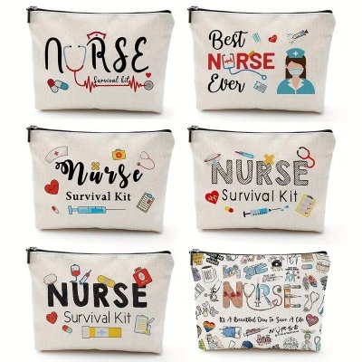 Women Fashion Linen Nurse Printed Zipper Storage Cosmetic Bag