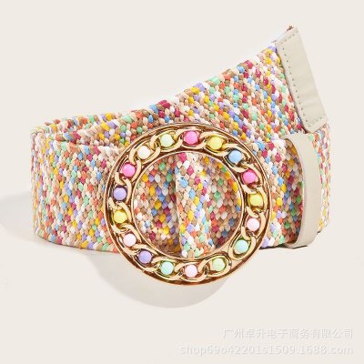 Women Fashion Candy Color Round Buckle Multicolor PP Grass Belt