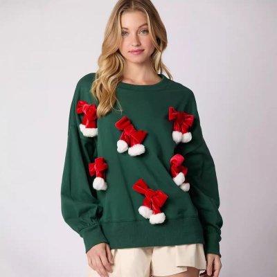 Christmas Women'S Fashion Three-Dimensional Bow Decorative Round Neck Long Sleeve Sweatshirt