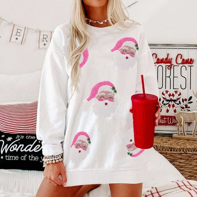 Women Fashion Santa Claus Bead Embroidered Loose Casual Long Sleeve Sweatshirt