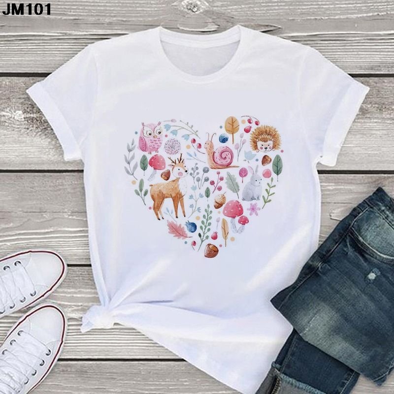 Women Spring And Summer Pink Heart Pattern Retro White Cartoon Short-Sleeved T-Shirt