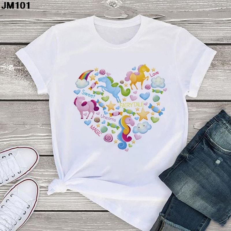 Women Spring And Summer Pink Heart Pattern Retro White Cartoon Short-Sleeved T-Shirt