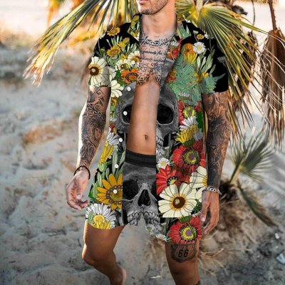 Men Casual Holiday Hawaii Tiny Flower Skull Print Plus Size Short Sleeve Lapel Shirt Shorts Set