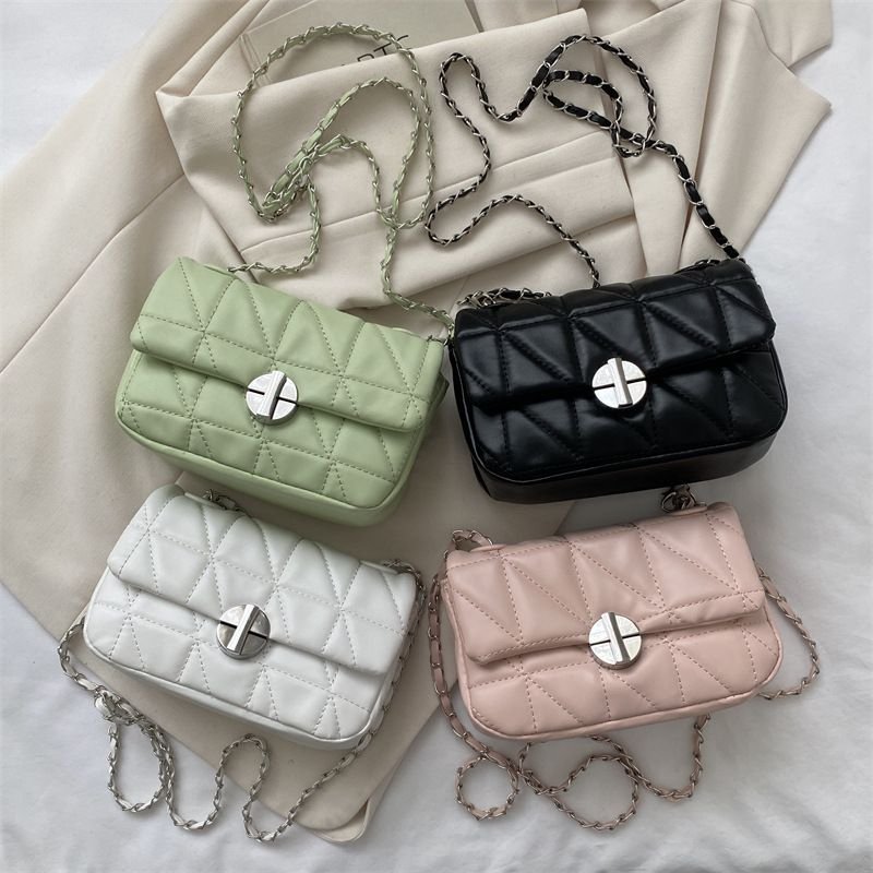 Women Fashion Solid Color Diamond Flap Square Chain Crossbody Bag