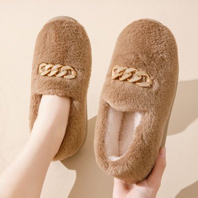 Autumn Winter Women Fashionable Plush Thickened Warm Chain Rhinestone Decorative Loafers