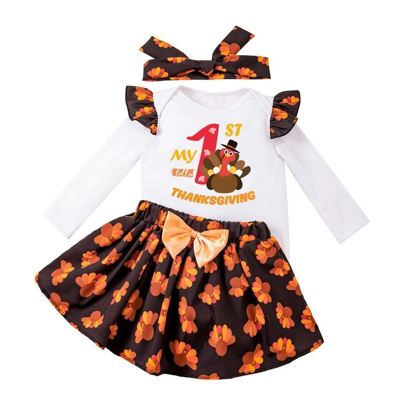 Kids Baby Girls Casual Cute Thanksgiving Turkey Alphabet Print Long Sleeve Romper Skirt Sets