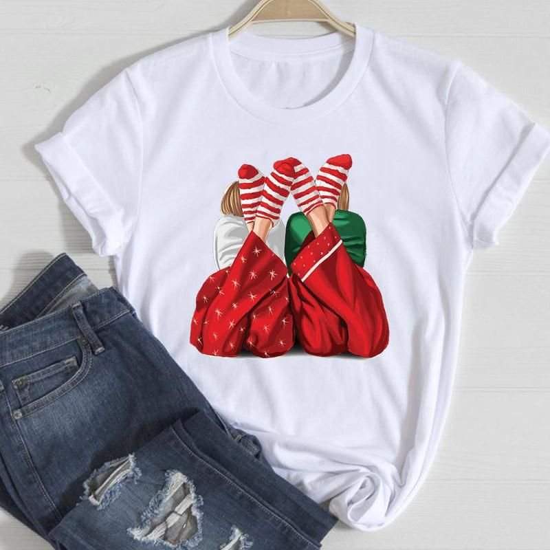 Happy Christmas Crewneck Letter Short-Sleeved Women Loose T-Shirt