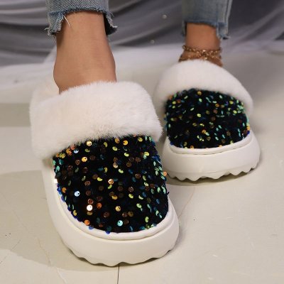 Autumn Winter Women Fashion Plus Size Sequins Plush Thick-Soled Home Slippers