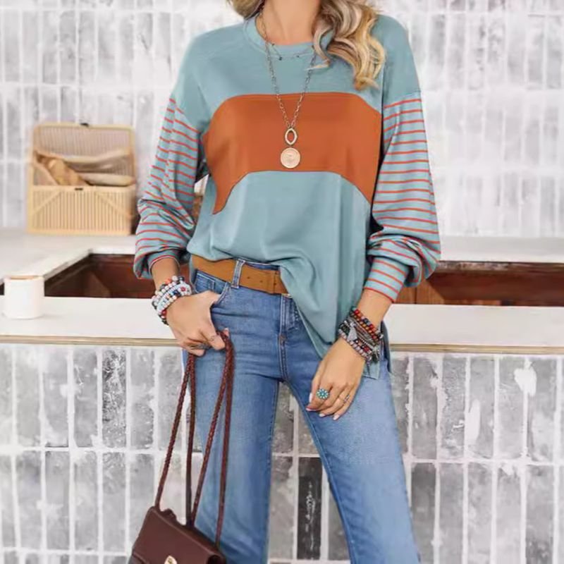 Women Fashion Casual Stripe Print Crewneck Long Sleeve Sweatshirt