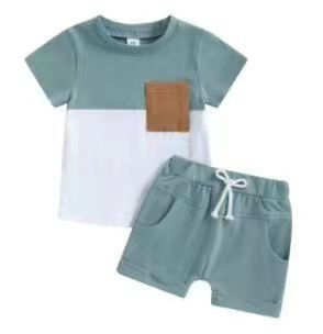 Toddlers Newborn Baby Fashion Boys Casual Basic Short Sleeve Color Blocking T-Shirt And Shorts 2pcs Set