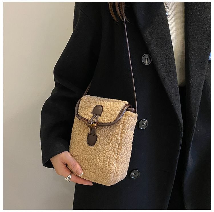 Autumn Winter Women Fashion Cute Lamb Plush Crossbody Phone Bag