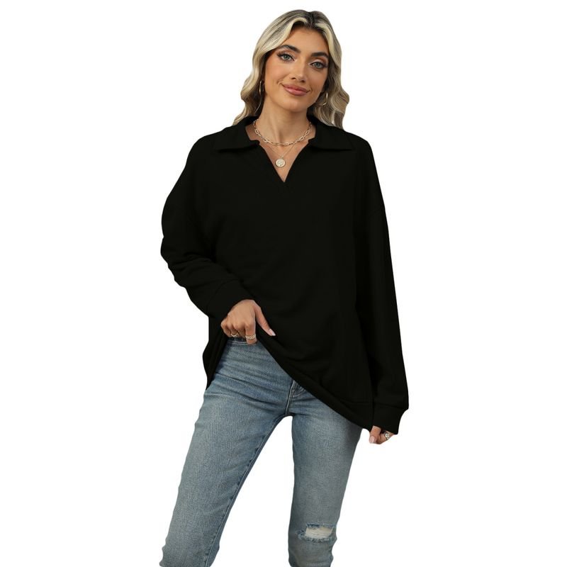 Women Fashion Casual Solid Color V-Neck Long Sleeve Sweatshirt