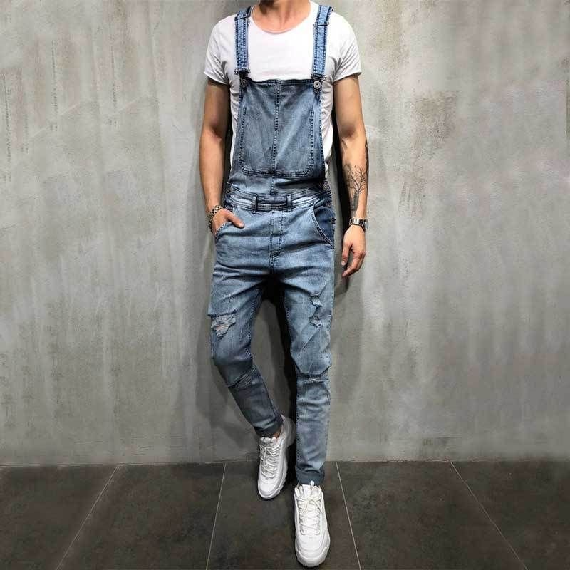Men Fashion Casual Straight Suspender Ripped Jeans