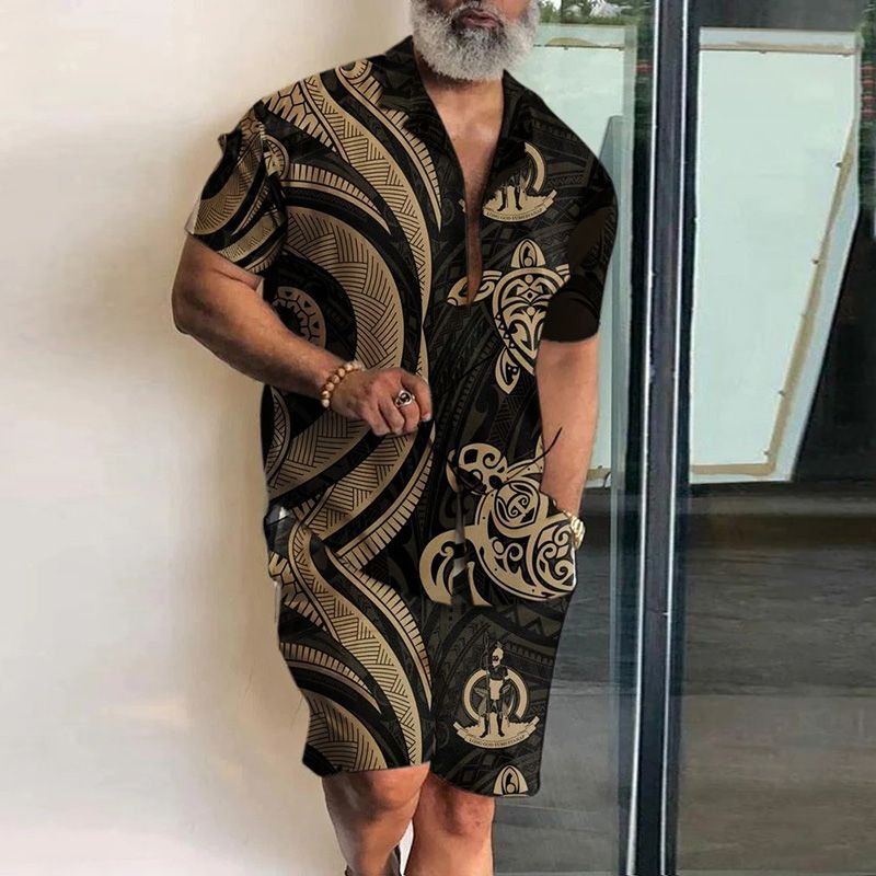 Men Casual Lapel Short-Sleeved Printed Loose Shirt And Shorts Two-Piece Set