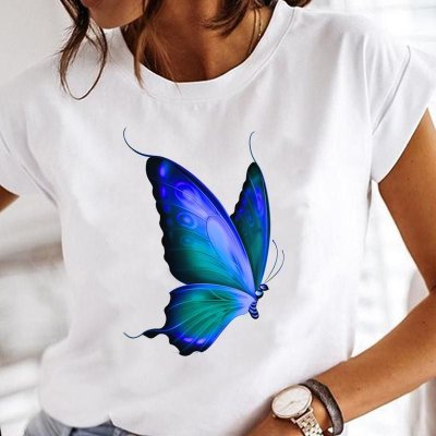 Summer Women Cartoon Butterfly Floral Print Round Neck Short Sleeve T-Shirt