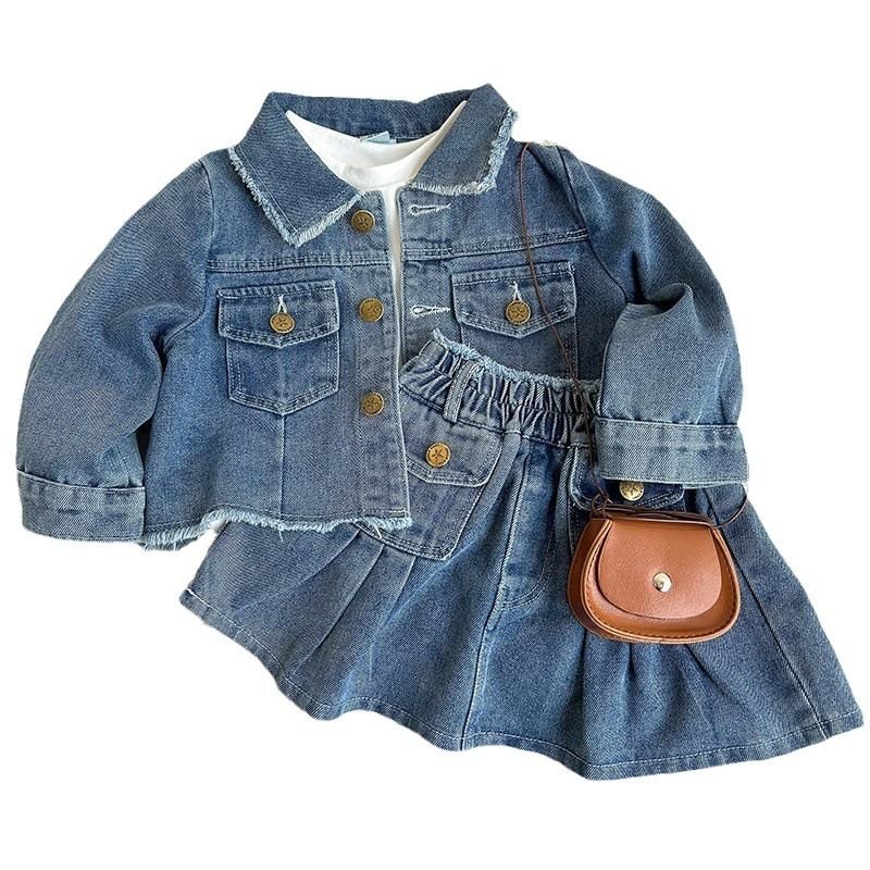 Kids Toddler Girls Fashion Casual Long Sleeve Lapel Denim Jacket Skirt Set