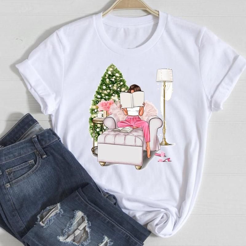 Happy Christmas Crewneck Letter Short-Sleeved Women Loose T-Shirt