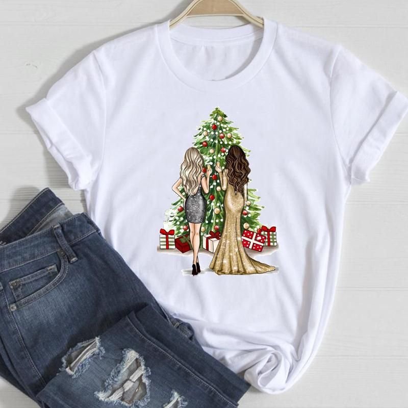 Happy Christmas Crewneck Letter Short-Sleeved Women Loose T-Shirt