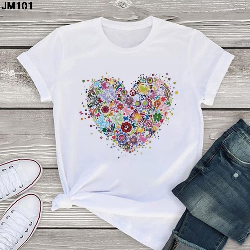 Women Spring And Summer Pink Heart Pattern Retro White Cartoon Short-Sleeved T-Shirt