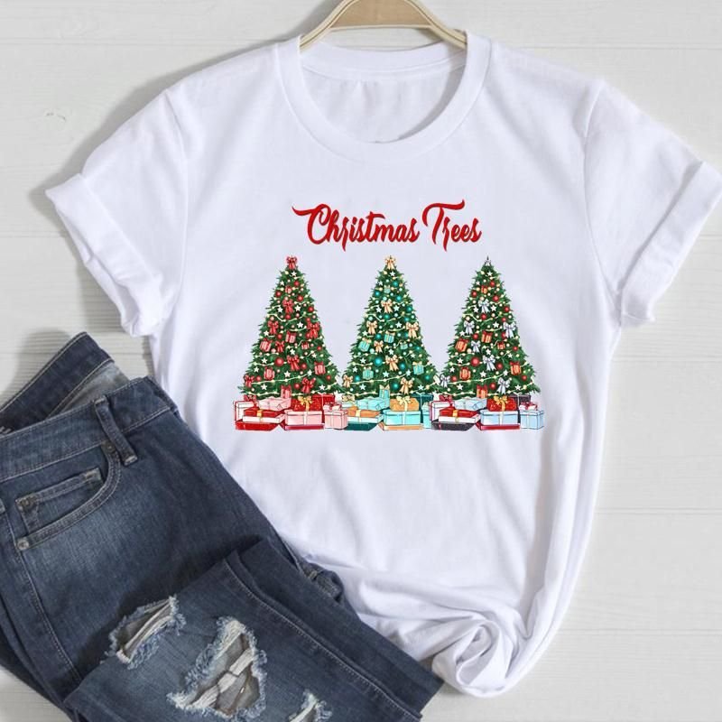 Happy Christmas Crewneck Letter Short-Sleeved Women Loose T-Shirt