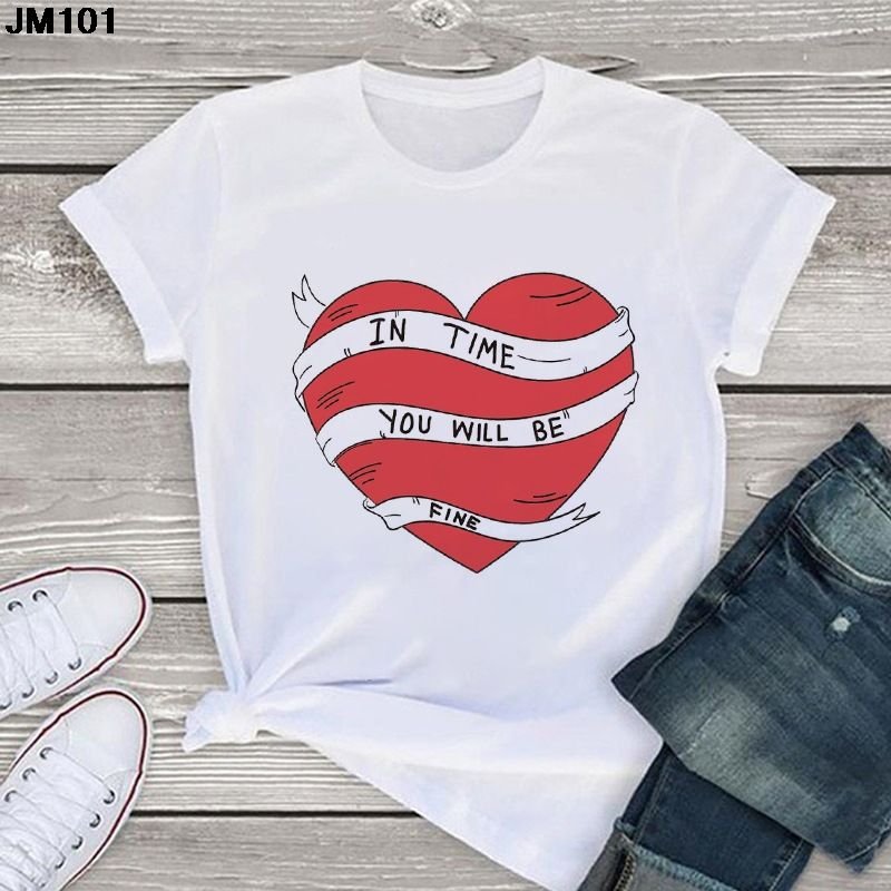 Women Spring And Summer Pink Heart Pattern Retro White Cartoon Short-Sleeved T-Shirt