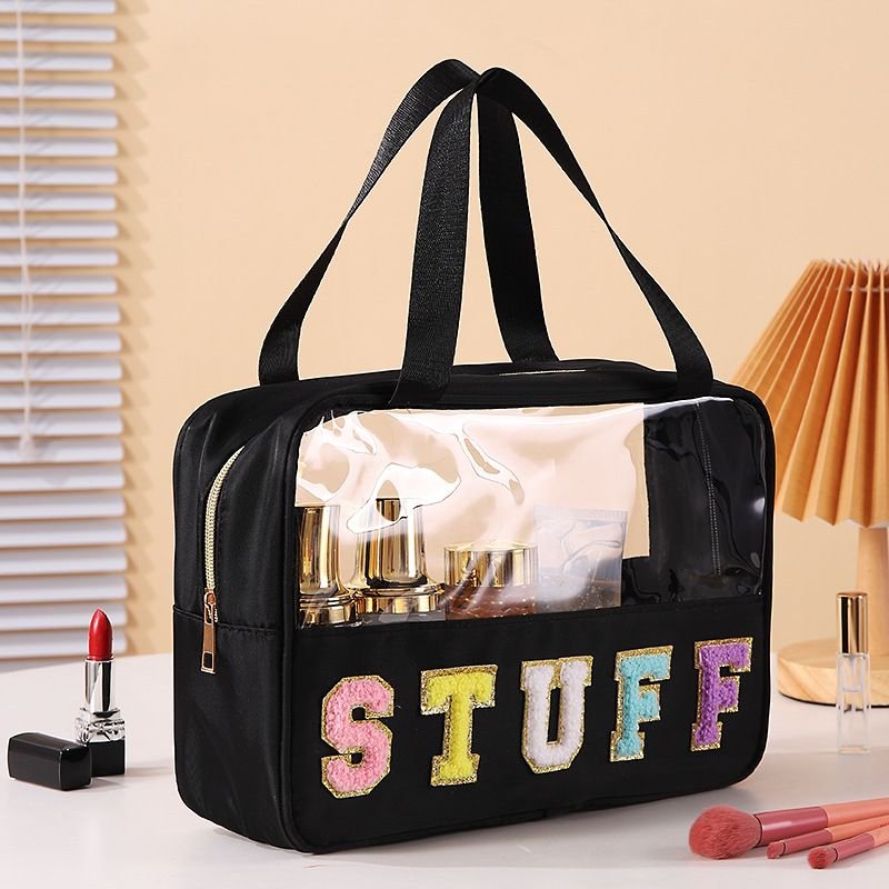 Fashion Transparent Pvc Embroidery Letter Cosmetic Bag