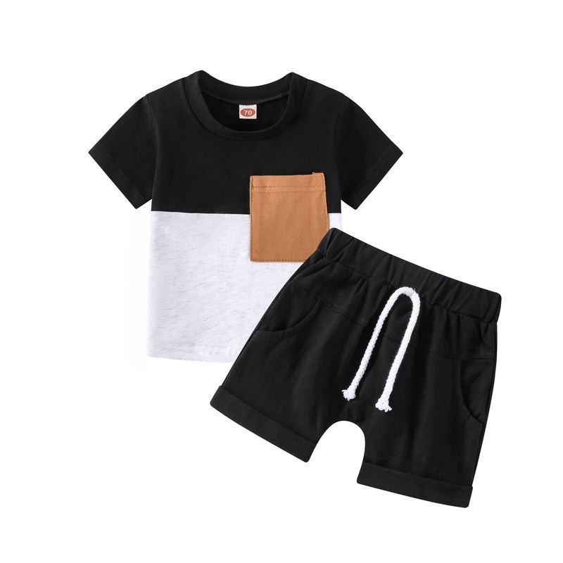 Toddlers Newborn Baby Fashion Boys Casual Basic Short Sleeve Color Blocking T-Shirt And Shorts 2pcs Set