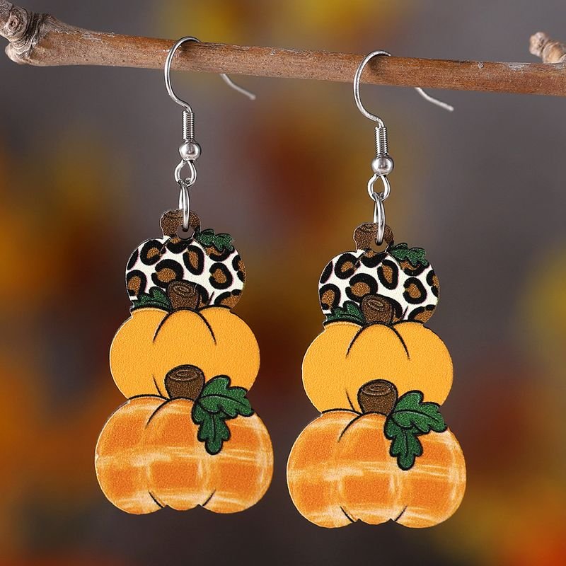 Thanksgiving Women Cartoon Plaid Pumpkin Floral Wooden Double-Sided Earrings