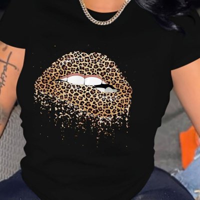 Women Fashion Leopard Lips Afro Print Round Neck Short Sleeve T-Shirt