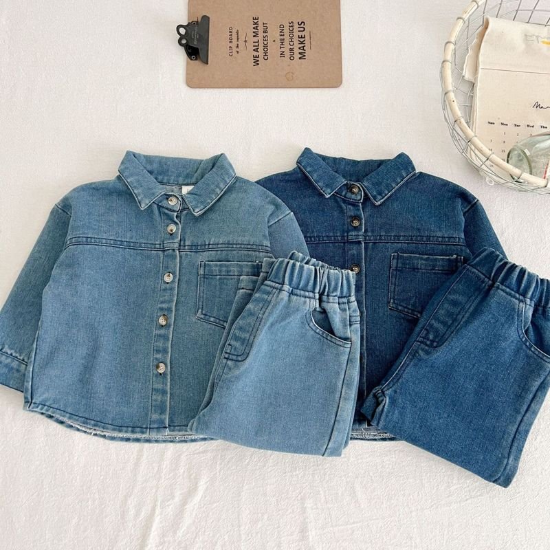 Girl'S Fashion Solid Color Denim Two-Piece Set