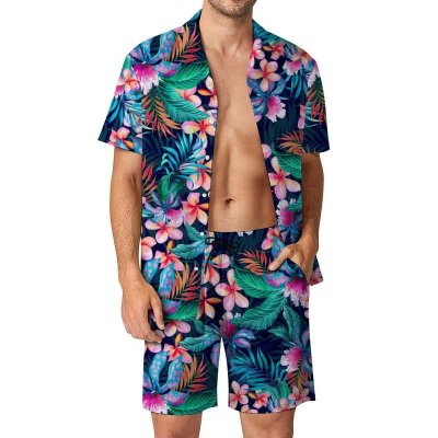 Men Casual Holiday Hawaii Tiny Flower Print Short Sleeve Lapel Shirt Shorts Set