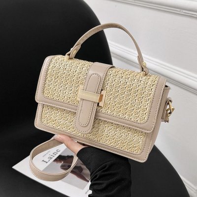 Women Fashion Solid Color Straw Woven Flap Square Handle Shoulder Bag