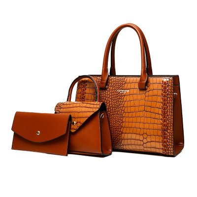 Women Fashion Solid Color Crocodile Print Large Capacity Handbags Set