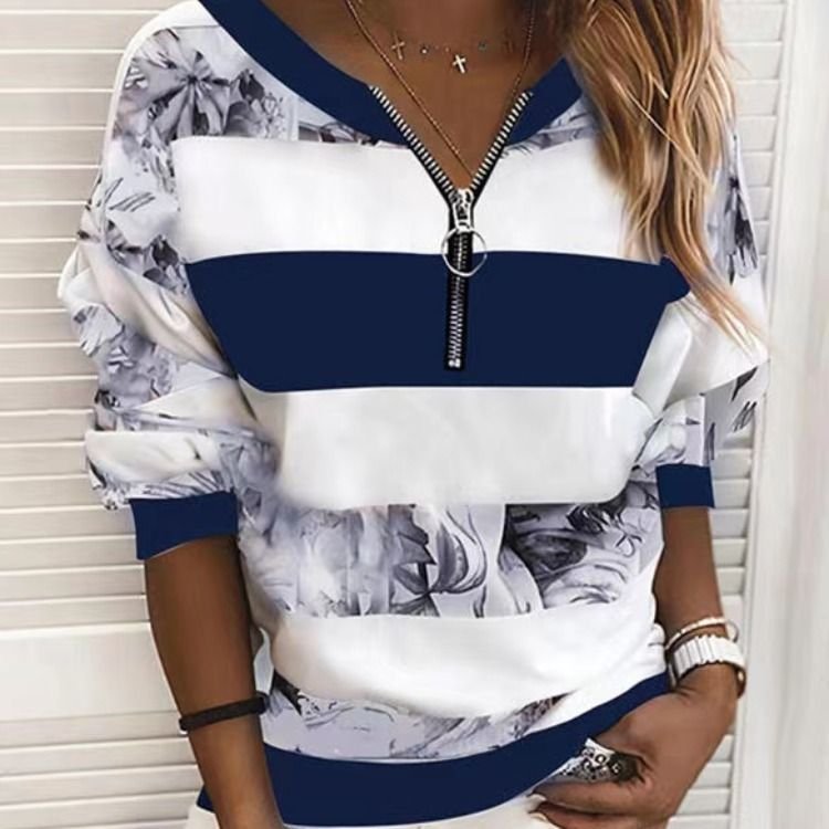 Women Floral Print Zipper V-Neck Loose Casual Sweatshirt