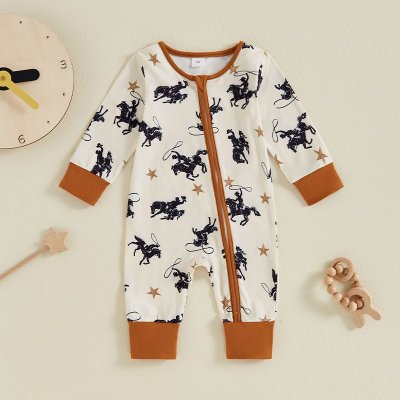 Kids Baby Boys Casual Cute Horse Print Long Sleeve Romper