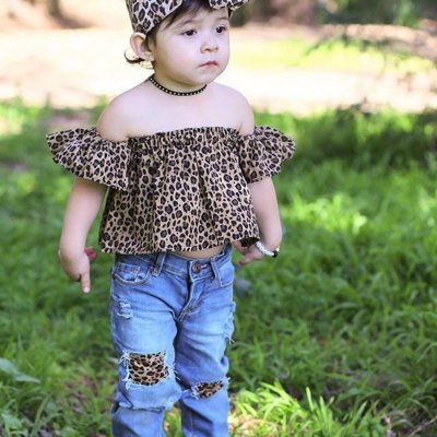 3 Piece Set Fashion Girl Leopard Print Off-shoulder Tops And Patchwork Jeans With Headband