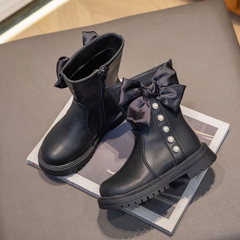 Kids Girls Autumn Winter Fashion Casual Bow Round-Toe Zipper Versatile Short Boots