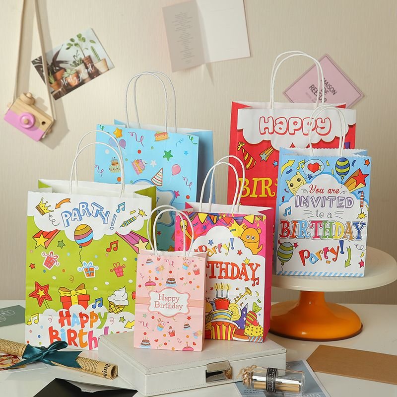 Fashion Happy Birthday Creative Cartoon Pattern Kraft Paper Handle Package Storage Bag