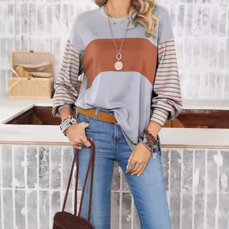 Women Fashion Casual Stripe Print Crewneck Long Sleeve Sweatshirt