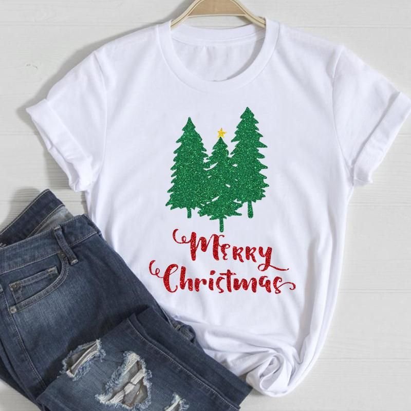 Happy Christmas Crewneck Letter Short-Sleeved Women Loose T-Shirt