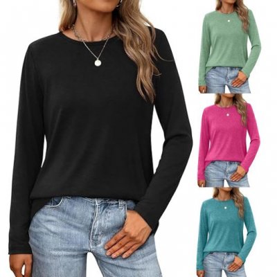 Summer Women Casual Solid Color Round Neck Long Sleeve Blank T-Shirt