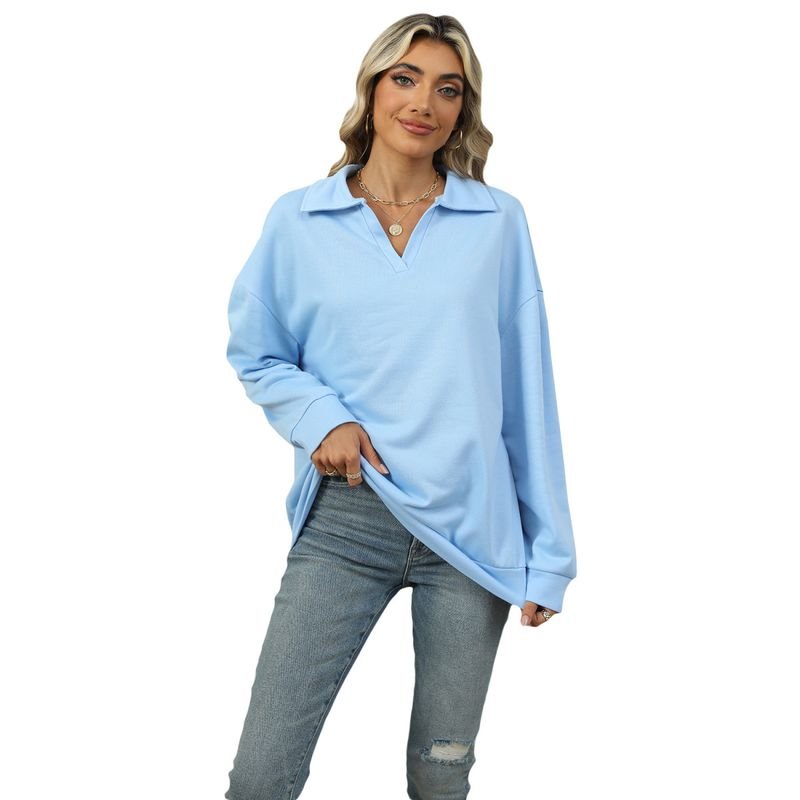 Women Fashion Casual Solid Color V-Neck Long Sleeve Sweatshirt