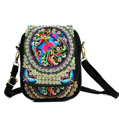 Women Bohemian Ethnic Floral Embroidered Design Crossbody Zip Bag