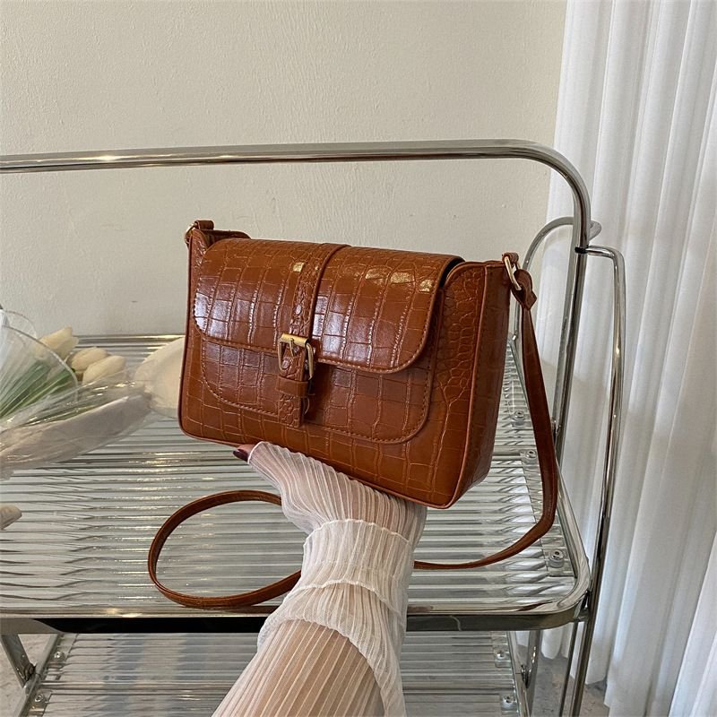 Fashion Solid Color Stone Pattern Flap Shoulder Bag