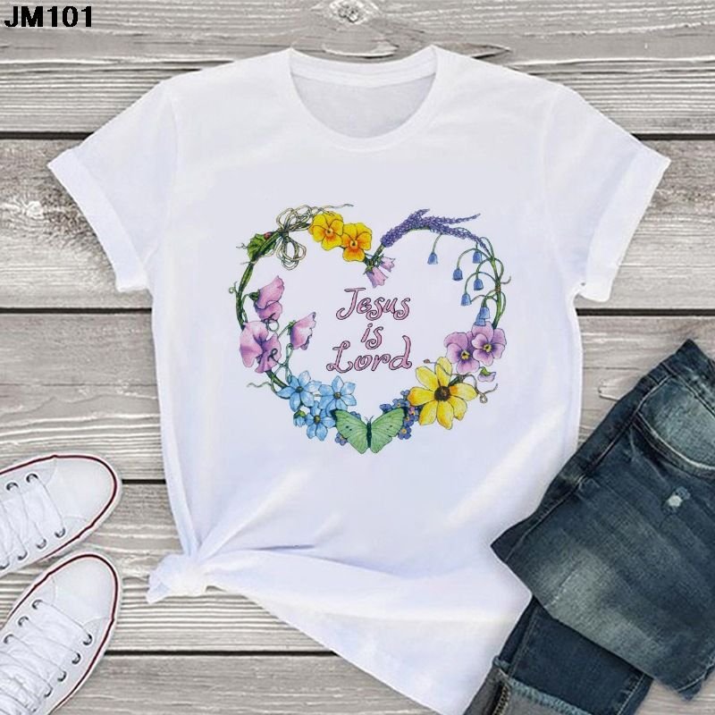 Women Spring And Summer Pink Heart Pattern Retro White Cartoon Short-Sleeved T-Shirt