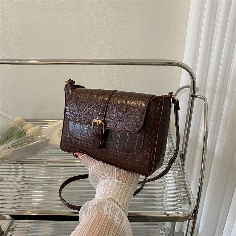 Fashion Solid Color Stone Pattern Flap Shoulder Bag