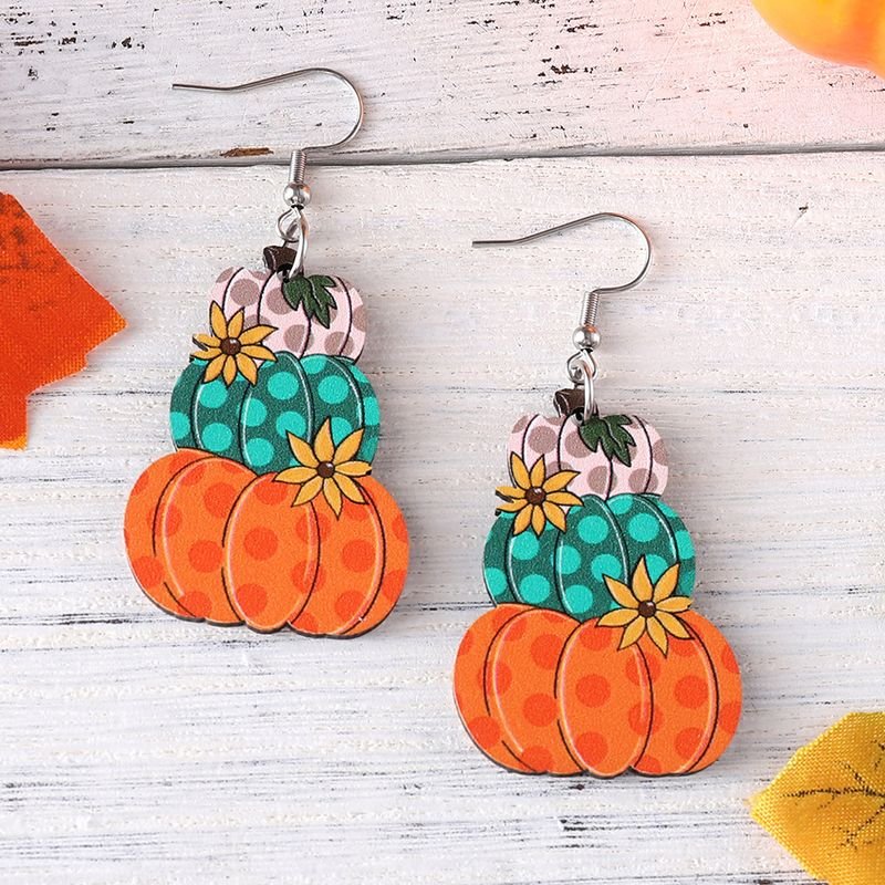 Thanksgiving Women Cartoon Plaid Pumpkin Floral Wooden Double-Sided Earrings