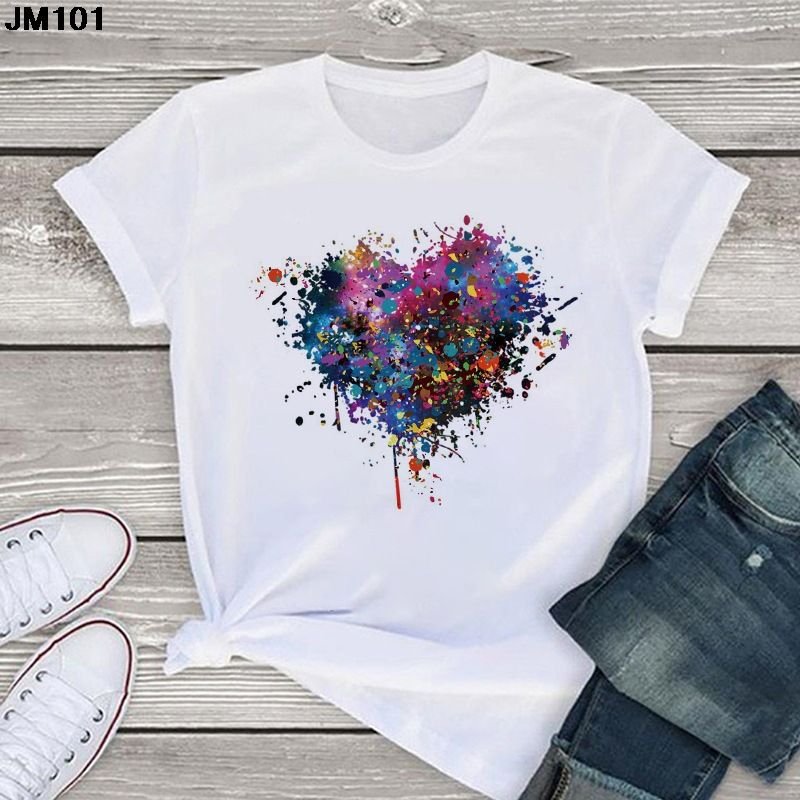 Women Spring And Summer Pink Heart Pattern Retro White Cartoon Short-Sleeved T-Shirt