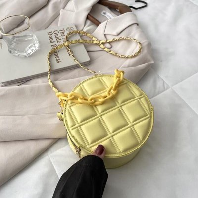 Women Cute Chain Zipper Design Solid Color Plaid Embossing PU Round Crossbody Bag